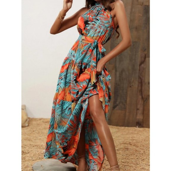 Tropical Palm Print Belted Halter Maxi Dress - Picture 6 of 8